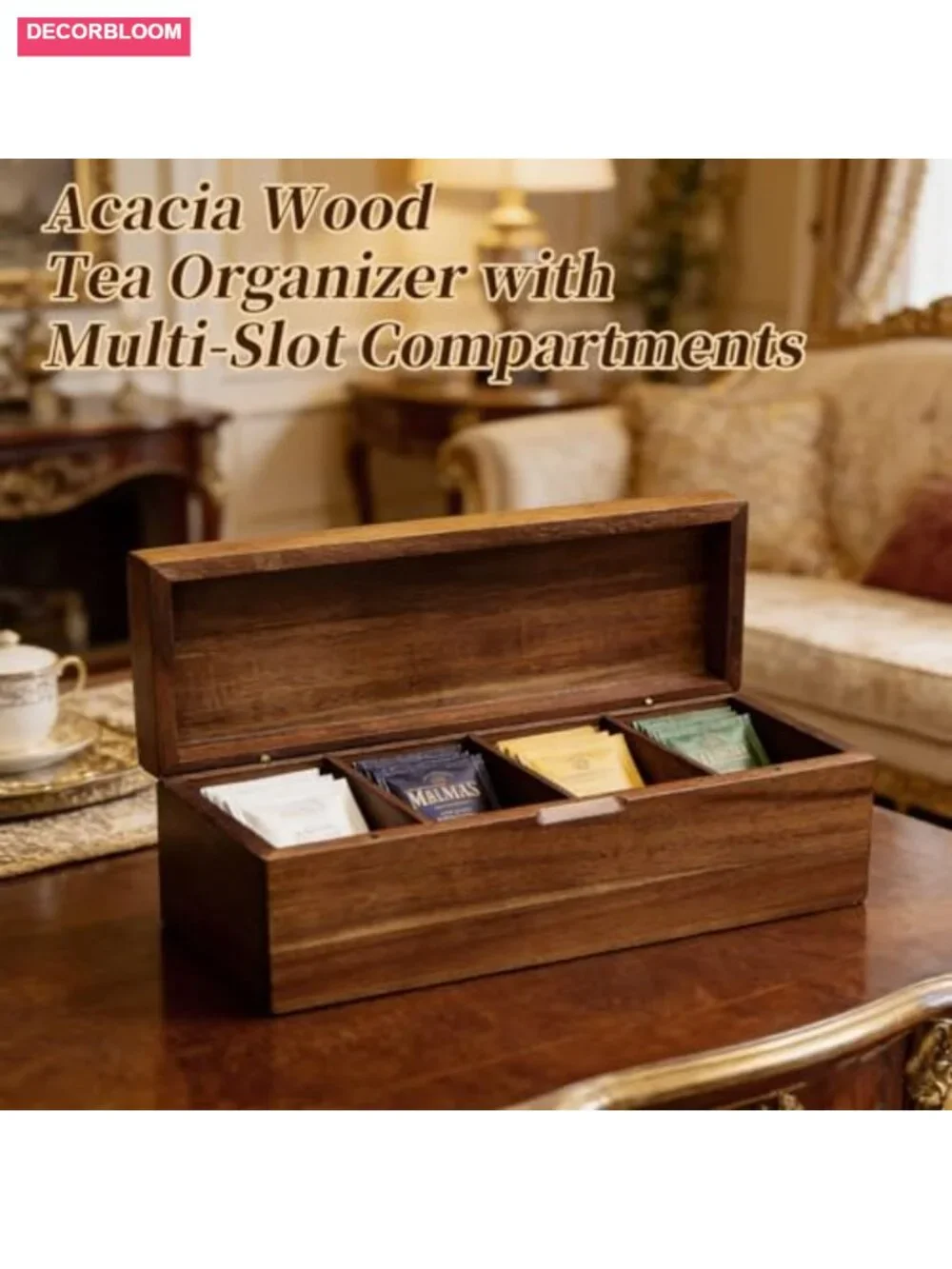 Acacia Wood Tea Bag Organizer with Compartments, Multi-Slot Tea Storage Box for